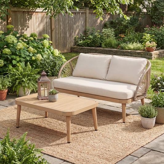 2-Piece Acacia Wood Patio Set, Curved Tub Loveseat & Slatted Coffee Table with Woven Rope Accents & Weather-Resistant Cushions