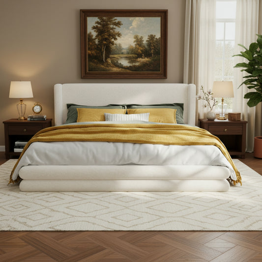 King Size Upholstered Bed Frame With Boucle Thick Wingback Headboard, White