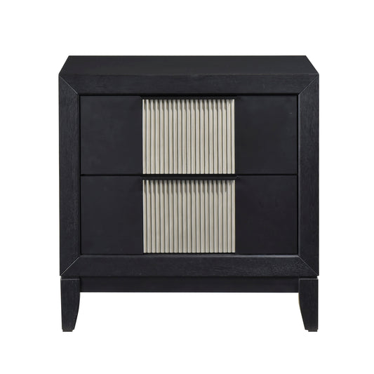 Contemporary 2-Drawer Nightstand Charcoal Gray Finish Solid Wood Bedroom Furniture 1pc Bedside Table Reeded Front Panels