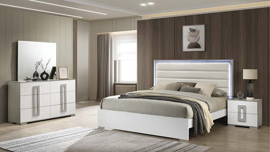 Olivia Contemporary Style 4 Pc Queen Bedroom Set with LED Headboard Made with Wood in White (NJ Inventory)