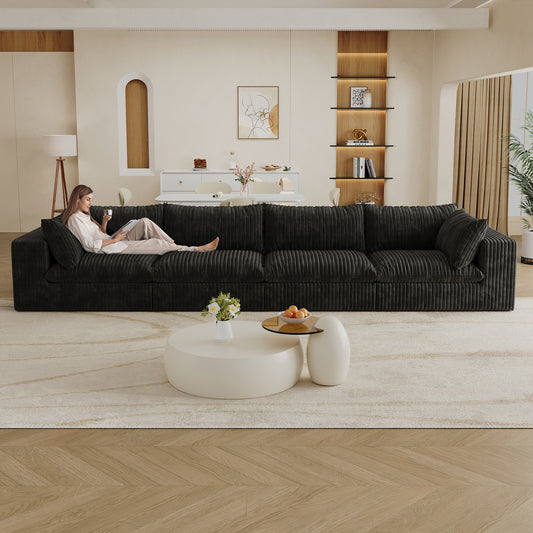 157.6'Cloud Sofa,Corduroy Fabric,Deep Seat Couches,Double-layer design,Removable Cushion,No Assembly,DIY Combination for Living room, Bedroom,Conference room ,Apartment,Black