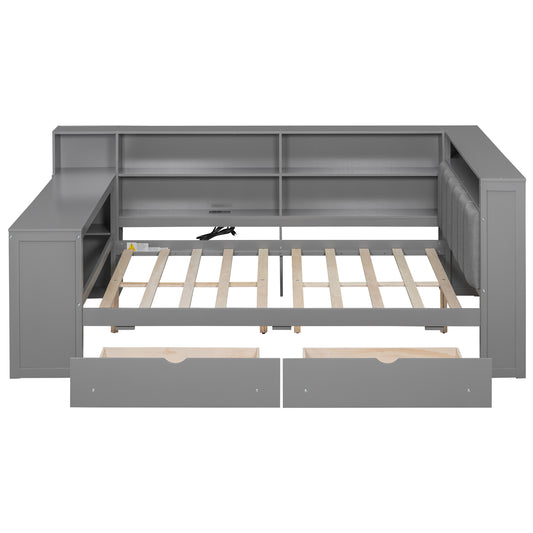 Wood Full Size Platform Bed with Storage Shelves, Drawers, Charging Station, LED, Desk and Upholstered Headboard in Grey+Grey Cushion