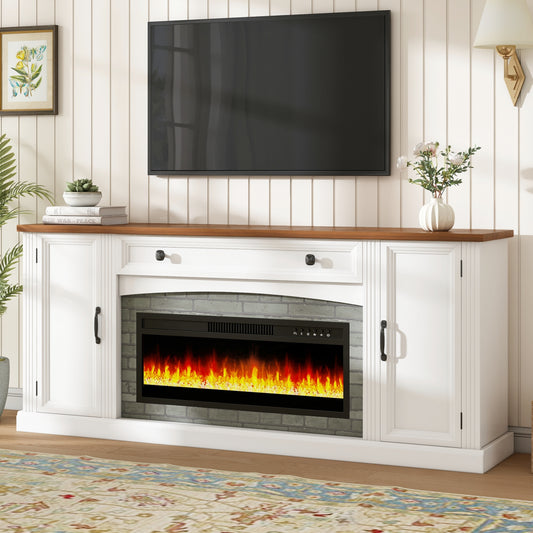 ON-TREND Heating Electric Fireplace TV Stand with Mantel for TVs Up to 70', Farmhouse Console Cabinet with Cable Management, Walnut TV Cabinet with Drawer and Adjustable Shelves for Living Room, White