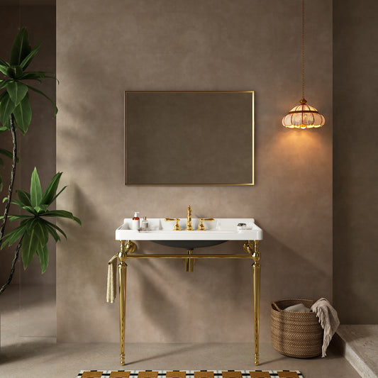 VICI 36' Bathroom Console Sink, Wall-Mounted White Ceramic Vanity Basin with 3 Pre-drilled Faucet Holes, Freestanding Stainless Steel Support Legs with Towel Bar, No Faucet & Sink Cover, Gold Color