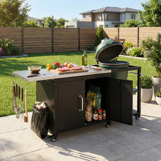 K&K 76.6' Outdoor Large Grill Cart with Storage Cabinet, Outdoor Kitchen Island with Steel Drop Leaf for Large Big Green Egg, Outdoor Grill Table with Adjustable Shelf & Hooks & Bottle Opener for BBQ