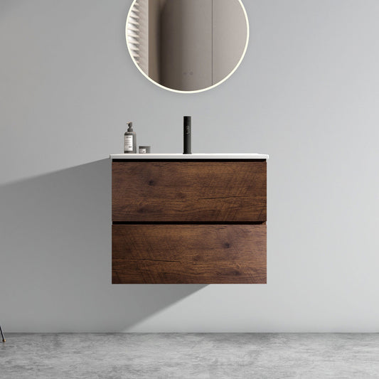 TIA 24' Wall Mounted Walnut Bathroom Vanity with Ceramic Sink with one faucet hole, Large Storage Floating Bathroom Vanity for Modern Bathroom, One-Piece Basin without Drain and Faucet, Pre-assembled