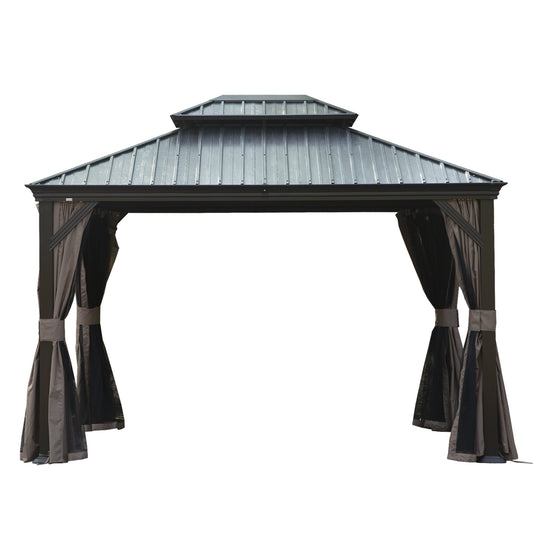 10' X 12' Hardtop Gazebo, Upgraded Metal Gazebo with Drainage System, Dual-Layer Galvanized Steel Roof, Curtain and Netting, Outdoor Shelter Canopy for Patio, Garden, and Backyard, Brown