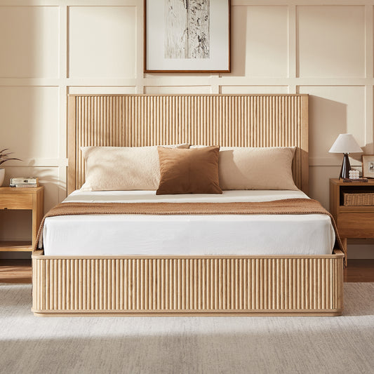 Natural oak wavy wood grain headboard platform bed frame, 44 inch high headboard large bed frame, modern minimalist style, easy assembly, no need for box springs