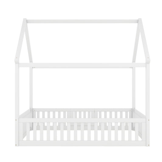 White House-Shaped Full Size Wood Bed with Fence and Door, Pine and MDF Construction