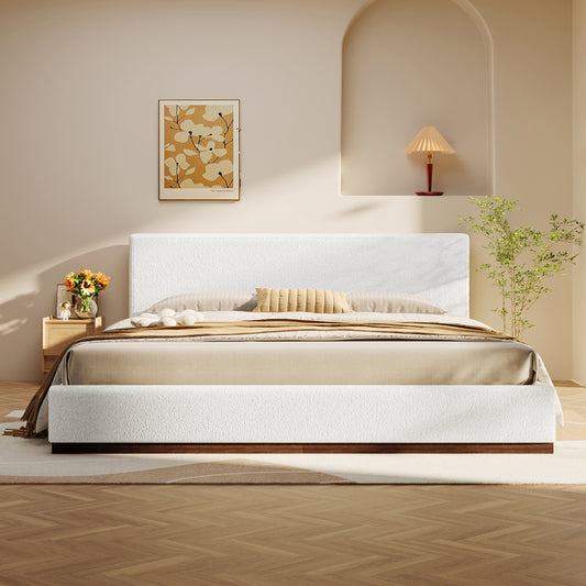 Elegant White Fabric Upholstered Bed With Nice Wood Grain Textured Brown Solid Wood Base Frame,White,King