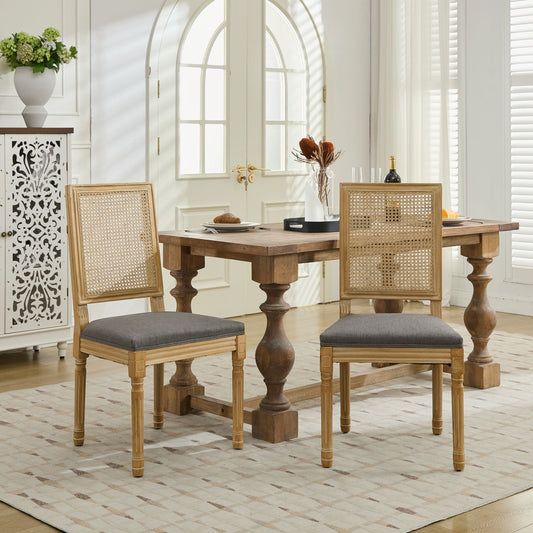 French Decor Chairs Set of 2, Louis Dining Chairs with Square Rattan Backrest and Exquisitely Carved Solid Wood Frame for Living Room, Kitchen, Restaurant,SW1779GY, Gray