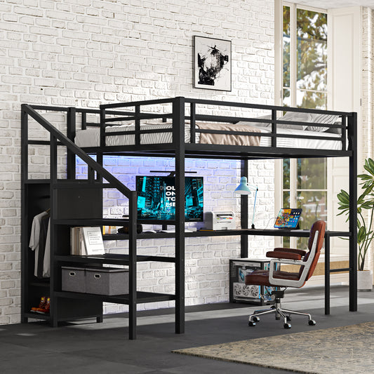 Full Size Loft Bed with L-shaped Desk and USB, Metal Loft Bed with Wardrobe and Adjustable Shelf, High Loft Bed with LED for Kids Teens Adults, Black