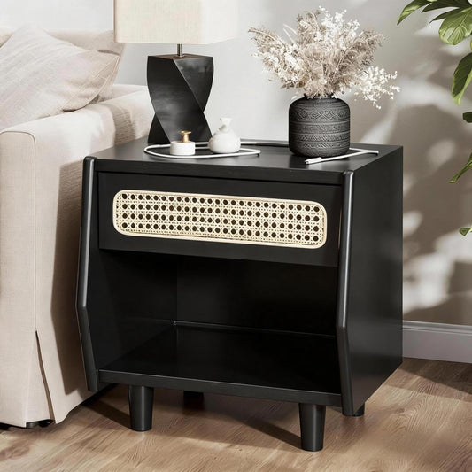 Black Nightstand with Rattan Detail, MDF + Solid Wood, Modern Bedroom Storage, Open Shelf & Drawer, Indoor Furniture