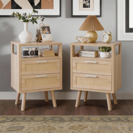 Set of 2 with 2 Drawers, 15.4' Modern Storage Bedside Table with Handles, Wooden End Table for Bedroom,Natural Wood