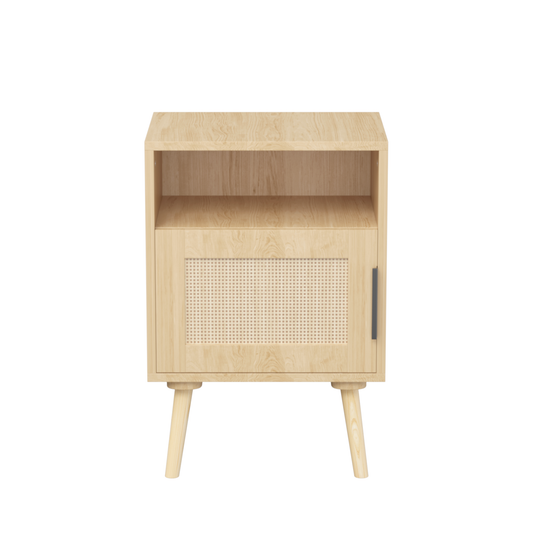 Oak Finish Rattan Nightstand with Solid Wood Legs, 22.83'' H Side Table with Door and Open Shelf for Bedroom, Dorm, and Small Spaces