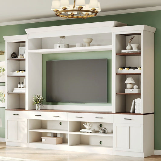 Farmhouse Entertainment Wall Unit with Bookshelf for TVs Up to 70', Walnut TV Stand with Adjustable Shelves, Mid-Century Media Console with Wine Rack for Living Room, White (NEW SKU: N721S000046K-2)