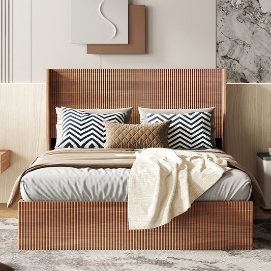 (Queen size) bed frame with a grooved and undulating lifting storage function, featuring a lifting storage feature, safe and beautiful / without noise, a wooden slat platform bed frame in a natural