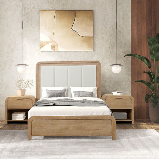 Queen Size Bed 2x Nightstands Channel Padded Headboard 1pc Panel Bed frame Natural Finish Transitional Style