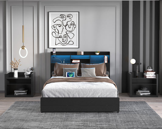 Full Bed Frame with 4 Storage Drawers Full Bed Frame with Headboard and Storage Shelf, Storage Bed with Led and Charging Station, No Noise,No Box Springs Needed,Black