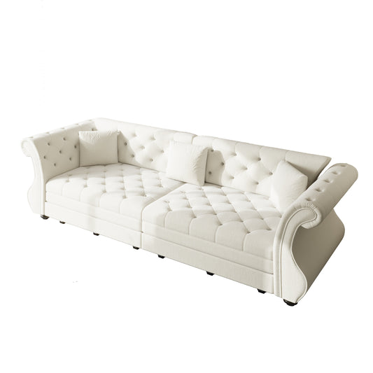 97.6' Oversized Chesterfield Pull Out Sofa Bed, Classic Roll Arm Velvet Couch with Flower Tufting, Upholstery for Living Room/Bedroom/Apartment, Beige/White