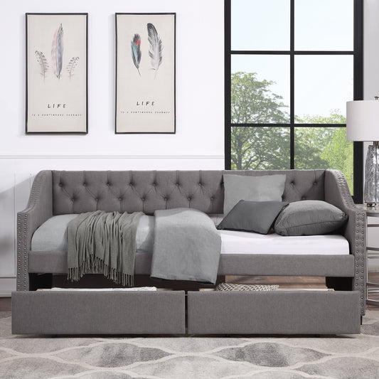 Upholstered Twin Size daybed with Two Drawers, Wood Slat Support, Gray(OLD SKU :LP100011AAE)