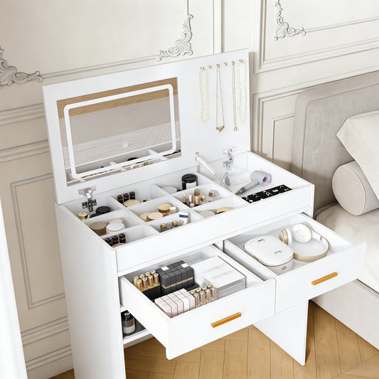 Flip Top Vanity Desk with LED Lighted Mirror & Built-in Outlet - Makeup Vanity Table with 2 Drawers, Open Storage, Hooks for Jewelry (No Stool Included, White)
