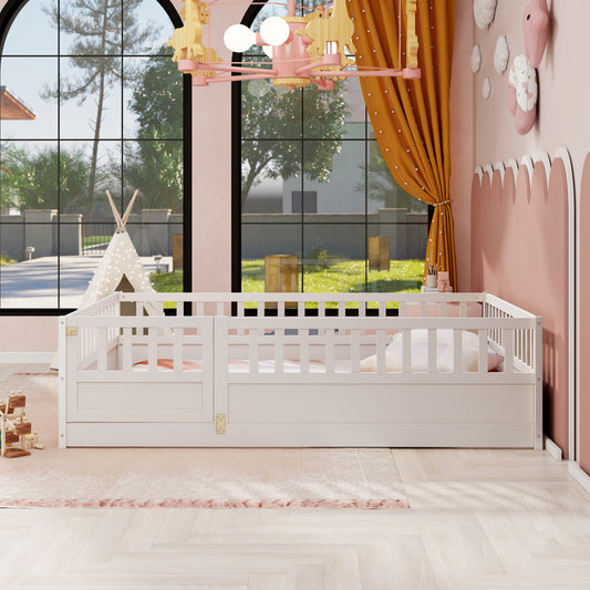 Full size Floor bed, integral construction with super high security barrier, door, children's floor bed frame, Montessori wooden children's floor bed, white(Patented model)