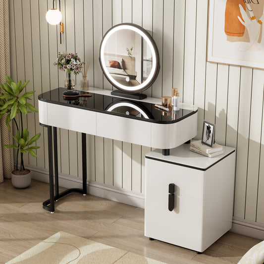Modern Vanity Table with Tempered Glass Top, Adjustable Height Legs, Multi-functional Storage Cabinet and Round Mirror, White and Black, 100cm/39.37in Wide - Perfect for Bedroom, Dorm, Small Spaces.