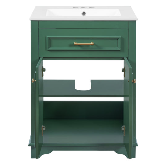 Modern Green Bathroom Vanity with Integrated Ceramic Sink, 24' Single Sink Cabinet with 2 Doors and Tip-Out Drawer, Solid Wood Frame and MDF Construction