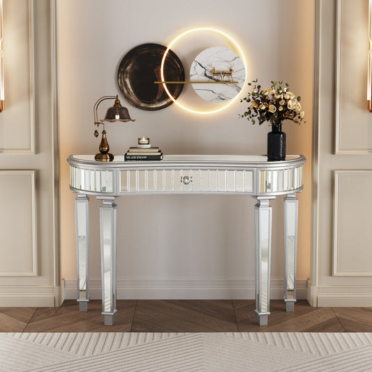 47' Half-Moon Mirrored Console Table with Fluted Glass & Crystal Knob Drawer - Silver Entryway Vanity Desk for Bedroom/Dressing Room(Grey+Sliver)