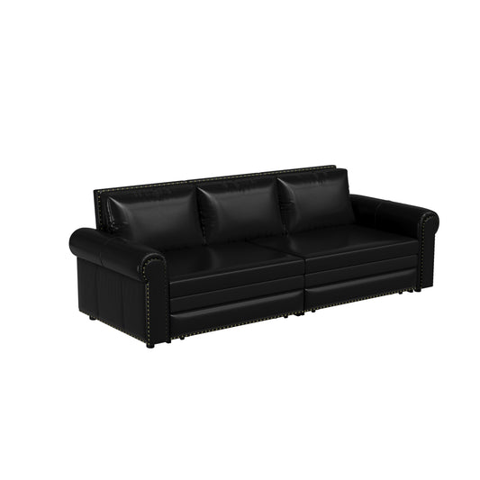 Chesterfield Sofa,93.7' King Pull Out Sofa Bed,3-in-1 Faux Leather Convertible Sleeper Sofa with Nailhead Trim & Rolled Arm,Multi-Functional Sofa Bed,Black
