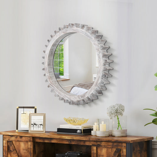 Vintage 17'' x 17'' Wood Round Hanging Gear Shape Decorative Mirror Patchwork Effect With Large-size Mirrors Individually On Art Walls,Sold Individually(Antique White Washed)