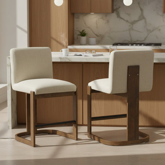Modern Bar Stools Set of 2, 24' Solid Wood Counter Height Barstools, Linen Upholstered Kitchen Island Chair With Walnut-Finished Wood Legs for Home Bar Coffee Shop,Beige