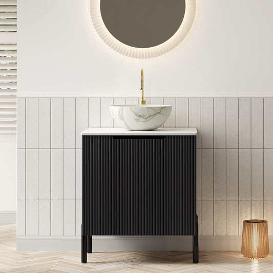 TURIO 24' Bathroom Vanity with Sink, Freestanding Bathroom Storage Cabinet with 2 Doors, White Bowl Ceramic Basin with Stone Pattern and Carrara White Sintered Stone Countertop, No Faucet, Black Color