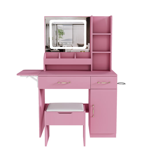 Pink Vanity Desk with LED Mirror Lights and Power Outlet Charging Station, Makeup Dressing Table with 3 Drawers, 7 Shelves, Storage Stool for Girls and Women