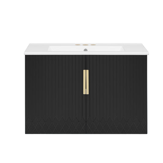 Vintage Black Bathroom Vanity with Ceramic Sink, 30' Rectangular Storage Cabinet, Glossy White Sink, MDF and Solid Wood Construction