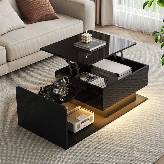 Coffee table, high-gloss black, side table, coffee table with glass and LED effect, with glass top