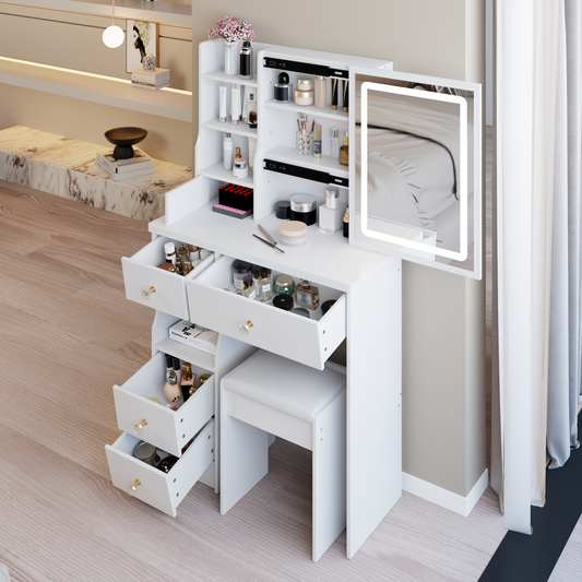 29.2' Small Size Left Drawer Desktop Vanity Table + Cushioned Stool, Large Sliding, Touch Control, Tri-color Switching, Brightness Adjust LED Mirror, High Capacity Storage, Suitable for Small Space