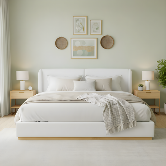 Modern White Bouclé Winged Bed Frame with Enclosed Wood Base, King Size
