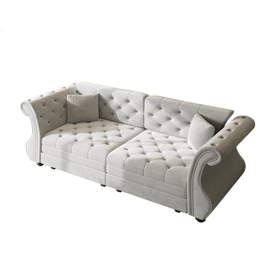 83.8' Oversized Chesterfield Pull Out Sofa Bed, Classic Roll Arm Velvet Couch with Flower Tufting, Upholstery for Living Room/Bedroom/Apartment,Light Grey