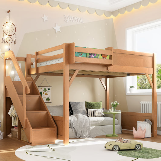 Full Size Loft Bed with Built-in Wardrobe and Storage Space, Solid Wood Loft Bed with Beside Shelves, Full-length Guardrails and Stairs, No Box Spring Needed,Deep Natural