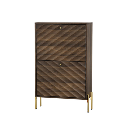 Mid-century modern walnut shoe cabinet with metal legs, freestanding organizer for entryway, hallway, and foyer, 23.6 inch height, particle board and MDF construction