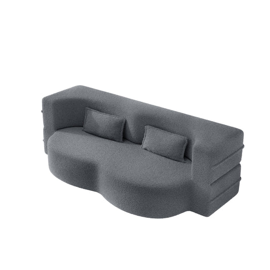 Modern Floor Sofa with 2 Pillows,Convertible Teddy Fabric Foam-Filled Sleeper Sofa Bed,15' Twin Size Folding Mattress for Living Room,Guest Bed,Playroom,no assembly required,Dark Grey