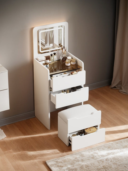 ( 48CM ) 3 in 1 Vanity Desk with Plip Top Mirror, Small Make Up Vanity Set with Visible Glass Desktop, Compact Makeup Vanity with 3 Drawers, Dressing Table for Bedroom ( WHITE COLOR )