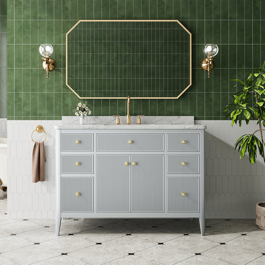 Fully Assembled 48'' Grey Freestanding Single Sink Bathroom Vanity with Solid Wood Construction and Engineered Marble Top