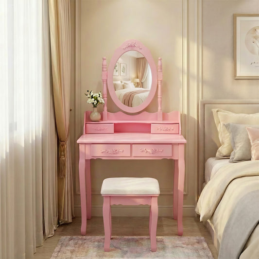 Pink Princess Vanity Desk Set with Mirror & Cushioned Stool, 4-Drawer Wooden Makeup Vanity Table for Girls' Bedroom, Dressing Table with Ample Storage