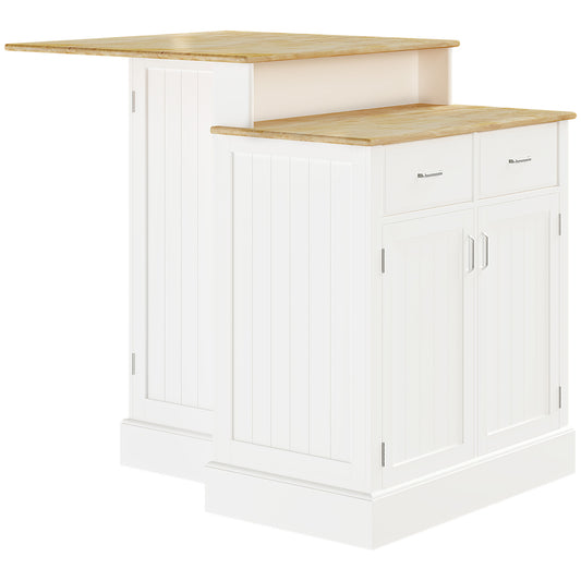 Kitchen Island with Storage Cabinet and 2-Level Rubber Wood Tabletop, Island Table with Adjustable Shelves and Drawers, White