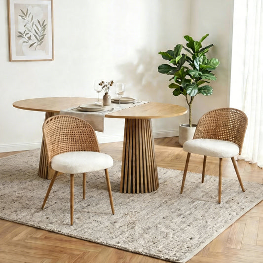 Solid wood stretching dining table + 2-piece brown wicker dining chairs in Bohemian medieval style with soft white sponge cushions