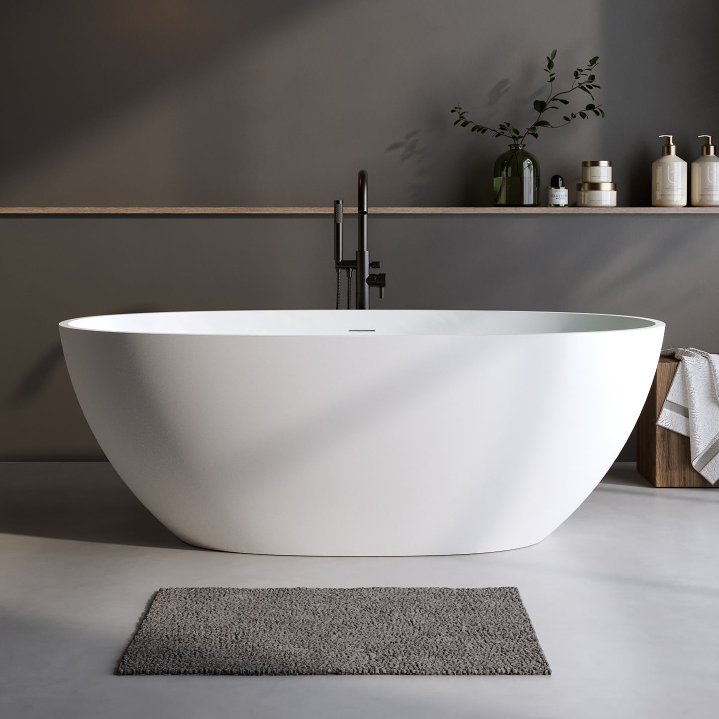 66.9″Solid Surface Matte Tub, Solid Surface Soaking Tub, Stone Resin Freestanding Bathtub, Thick Edge Stand Alone Tubs with Overflow, Pop-up Drain, Matte White (Oval)
