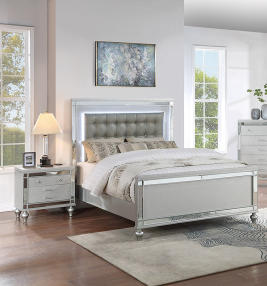 Sleek Modern Silver Tufted Faux Leather Queen Size Bed 2x Nightstands LED 3pc Set Panel Bedframe Bedroom